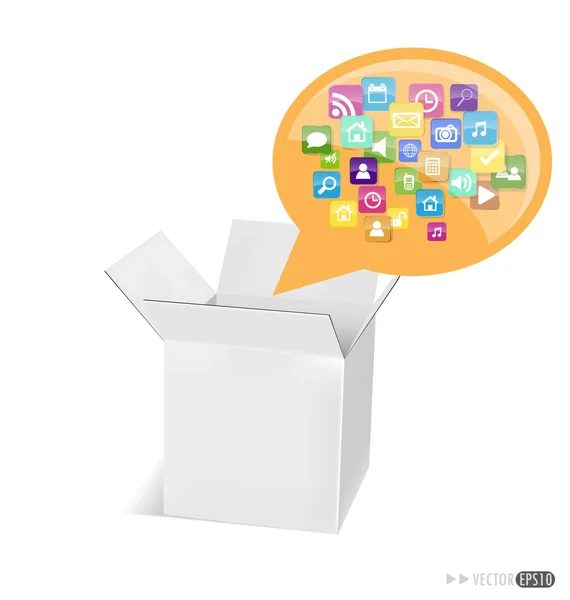 Caixa com nuvem de ícones de aplicativos coloridos. Vector illustratio — Vetor de Stock