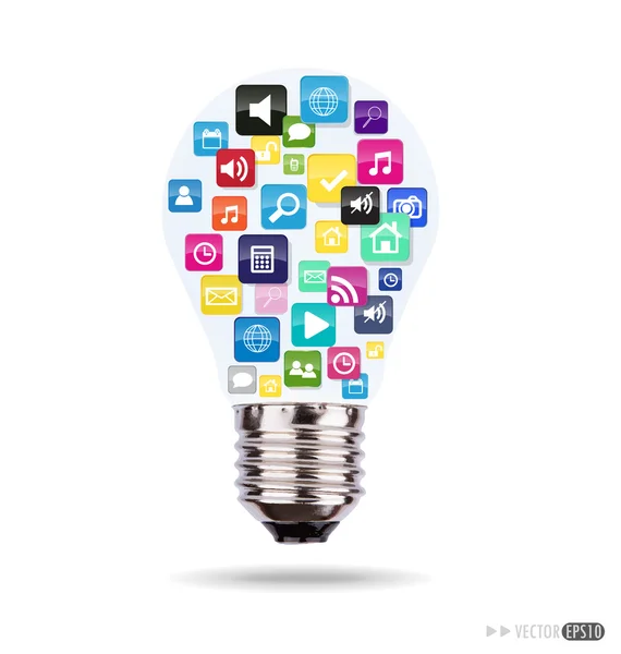 Lâmpada com nuvem de ícones de aplicativos coloridos. Vector illustrati — Vetor de Stock