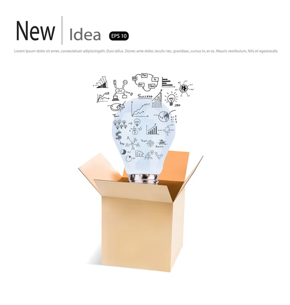 Opened cardboard box and light bulb with drawing graph . Vector — Stok Vektör