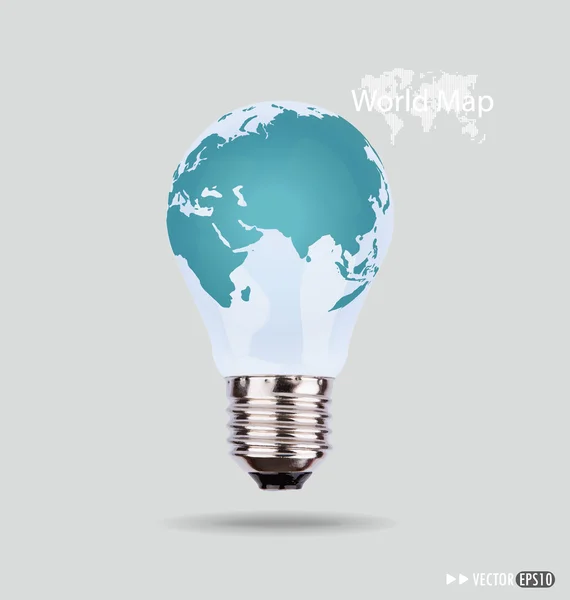 Ilustración de una bombilla eléctrica con un mapa mundial. Vector — Vector de stock