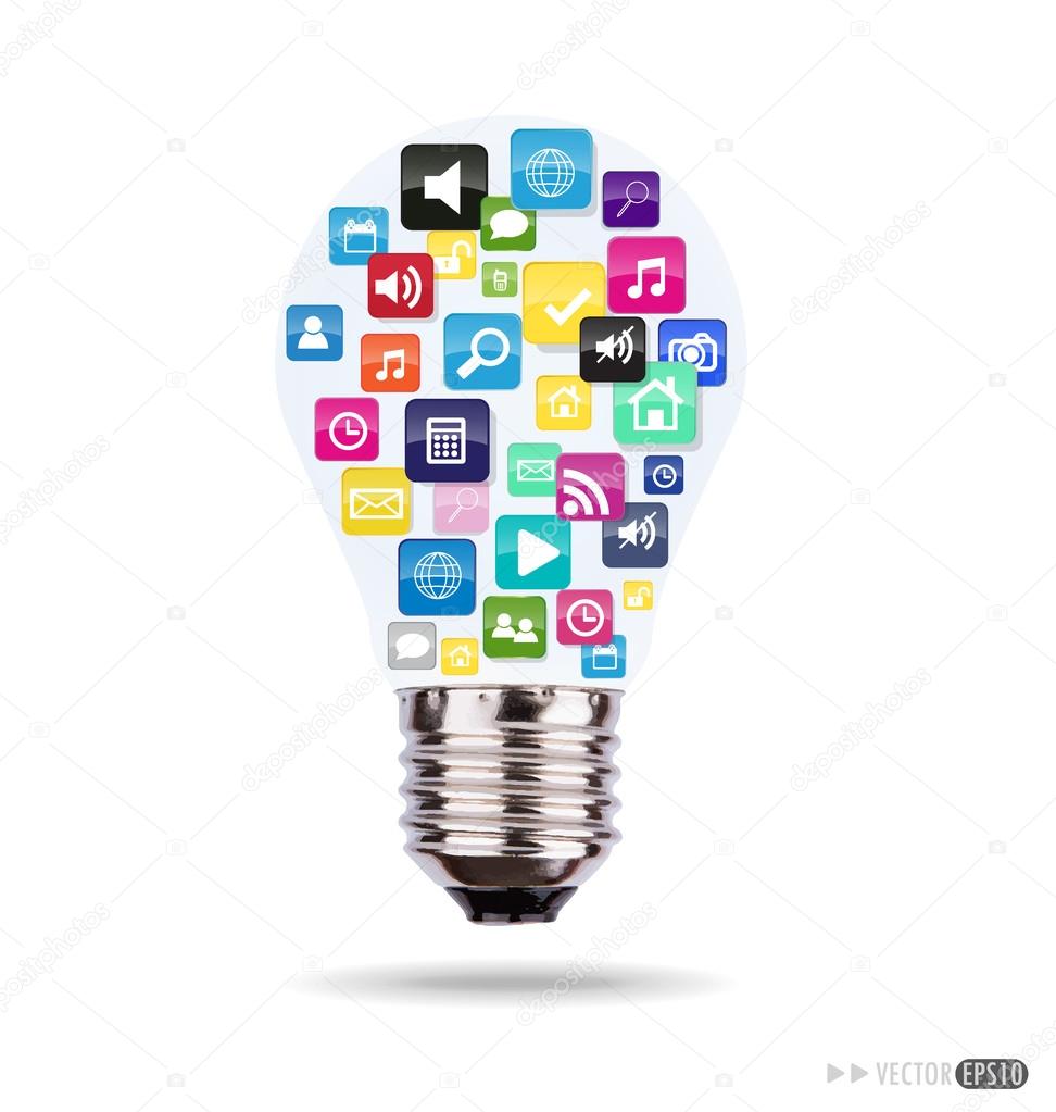 Bulb with cloud of colorful application icons. Vector illustrati