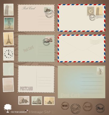 Vector set: Vintage postcard designs, envelopes and stamps. clipart