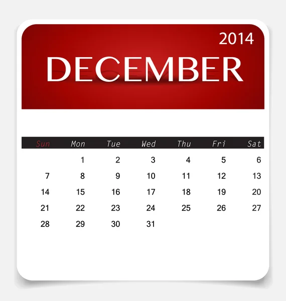 Simple 2014 calendar, December. Vector illustration. — Stock Vector