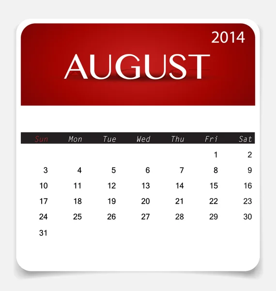 Простой календарь 2014 года, август. Векторная иллюстрация . — стоковый вектор