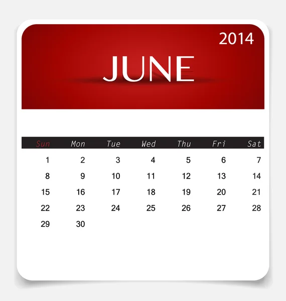 Enkel 2014 kalender, juni. vektor illustration. — Stock vektor