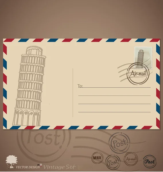 Desenhos de envelope vintage com selo postal. Ilustração vetorial — Vetor de Stock