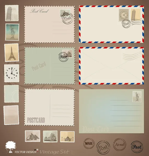 Vector set: Vintage postcard designs, envelopes and stamps. — Stock Vector