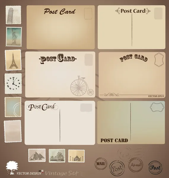 ベクトルのセット： ヴィンテージはがきデザインとスタンプ. — ストックベクタ