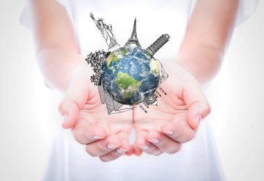 Woman hands hold travel around the world (Japan,France,Italy,New clipart
