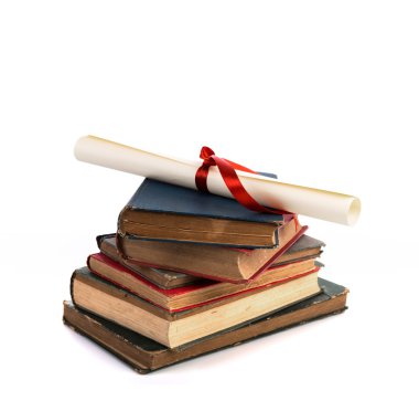 Beyaz bir arka plan üzerinde izole eski kitap ile Diploma.