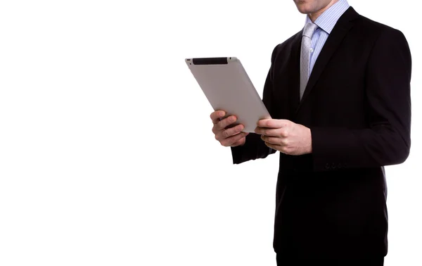 Retrato de hombre de negocios joven usando un dispositivo de pantalla táctil de nuevo — Foto de Stock