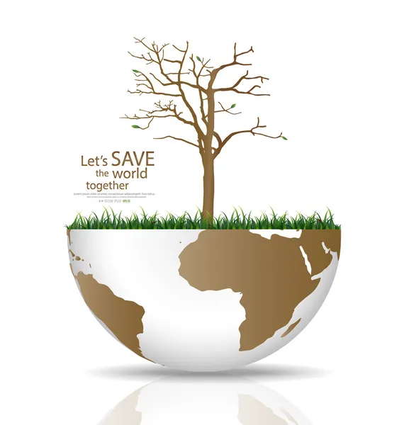 Rettet die Welt, trockener Baum auf einem abgeholzten Globus. Vektorillustration — Stockvektor
