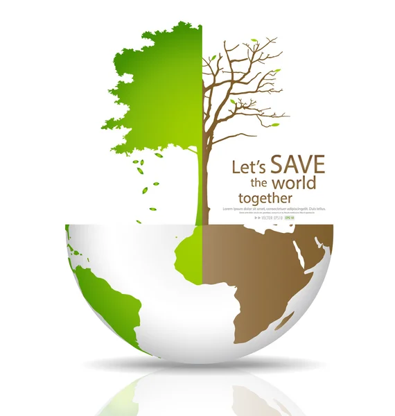 Спаси мир, Дерево на обезлесенном глобусе и зеленом глобусе. Vect — стоковый вектор