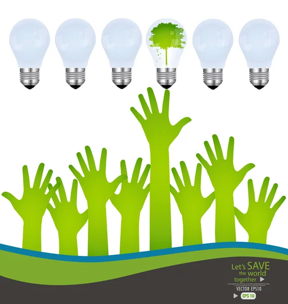 Mãos e verde lâmpada ecologia. Ilustração vetorial . — Vetor de Stock