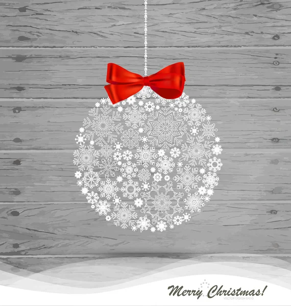 Bola de Navidad con copos de nieve sobre fondo de madera. Ilustración vectorial — Vector de stock