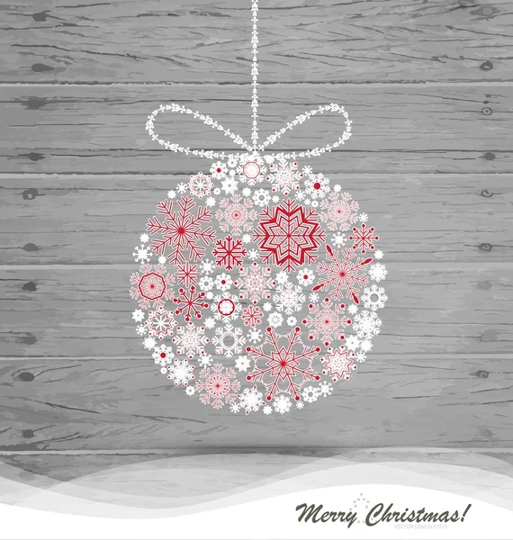 Boule de Noël avec flocons de neige sur fond bois. Poussière vectorielle — Image vectorielle