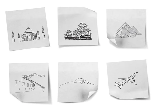 Drawing travel around the world on white note papers (Japan,Ind — Stock Photo, Image
