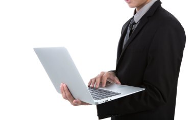 laptop beyaz arka plan ile iş adamı
