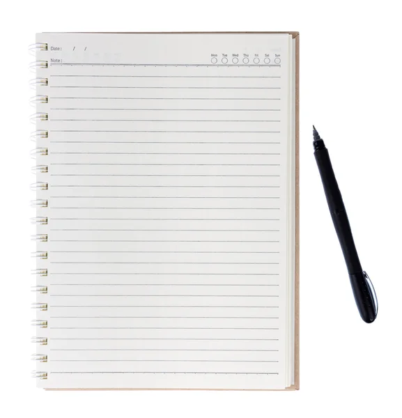 Notebook e caneta sobre fundo branco — Fotografia de Stock