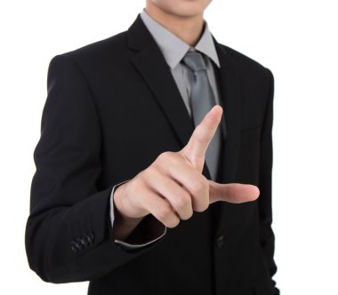 Beyaz backgrou karşı hayali bir ekrana dokunarak iş adamı