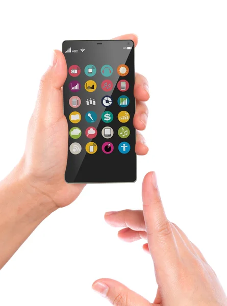 Hand hold Mobile phone with colorful application icons — Stock Photo, Image