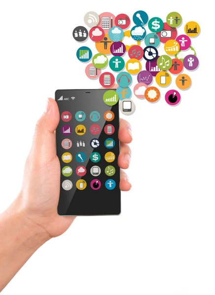 Hand hold Mobile phone with colorful application icons — Stock Photo, Image