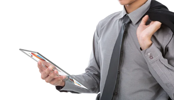 Geschäftsmann benutzt gläsernes Touchscreen-Gerät — Stockfoto