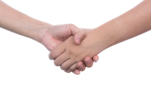 Schudden handen van twee vrouwelijke mensen geïsoleerd op witte achtergrond — Stockfoto