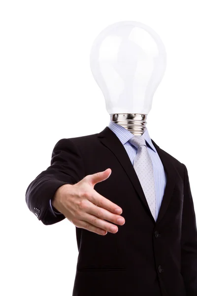 Empresario con cabeza de lámpara tienen una idea sobre fondo blanco — Foto de Stock