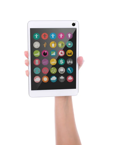 Hand holding touch screen device with colorful application icons — Stock Photo, Image