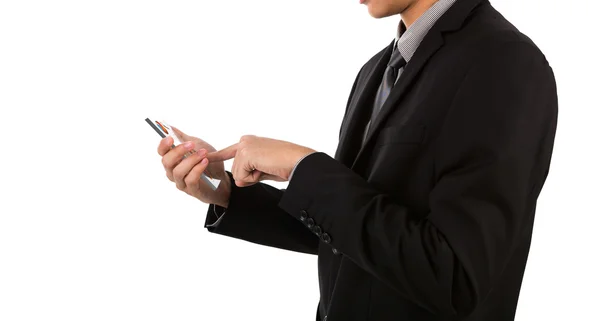 Homem de negócios segurando vidro móvel transparente, telefone inteligente — Fotografia de Stock