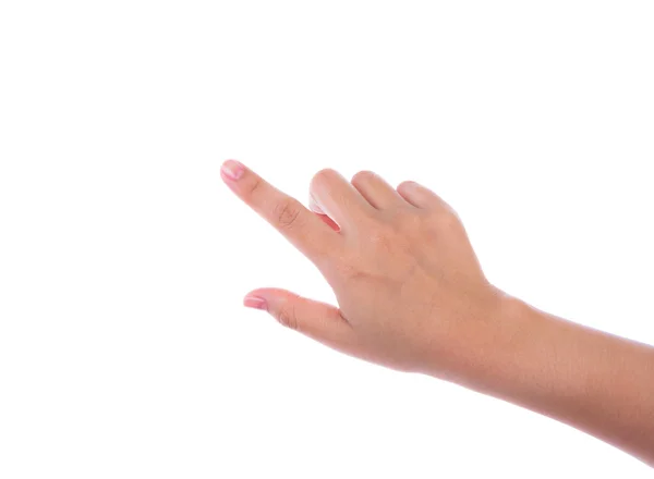 Mujer mano tocando la pantalla virtual aislada sobre fondo blanco — Foto de Stock
