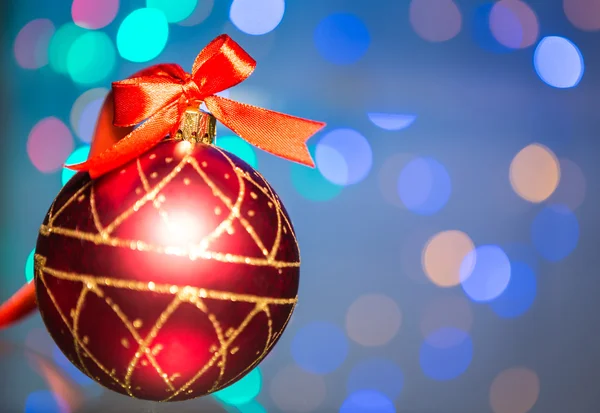 Christmas decoration with red ribbon and Beautiful Bokeh — Stock fotografie