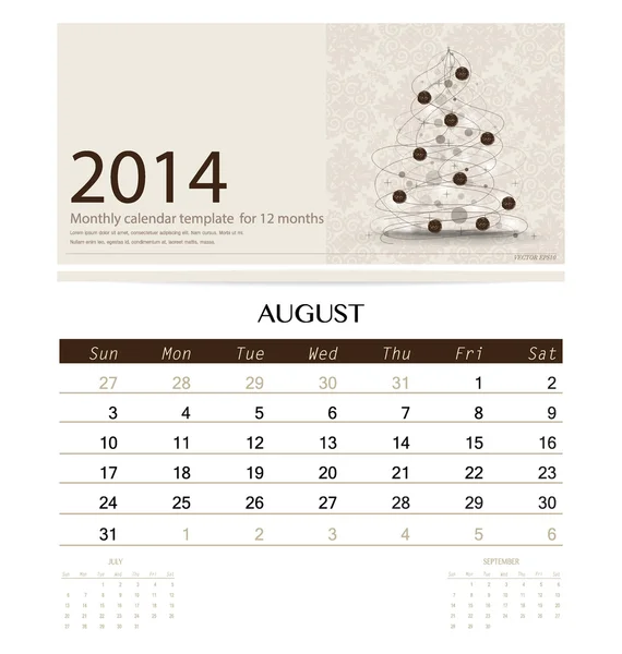 2014 kalender, månatliga kalendermall för augusti (jul t — Stock vektor