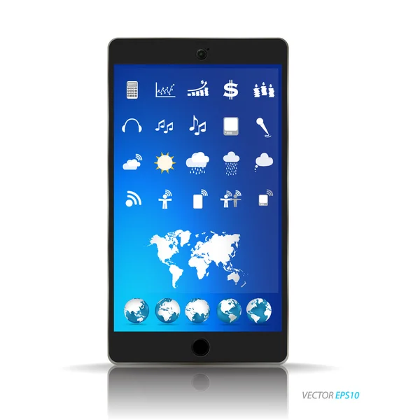 Touchscreen apparaat met toepassing web pictogrammen. vector illustrati — Stockvector