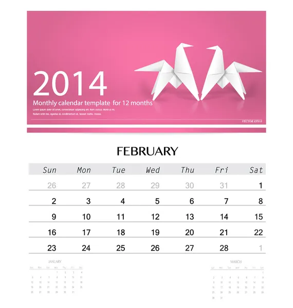 2014 kalender, månatliga kalendermall för februari (origami p — Stock vektor