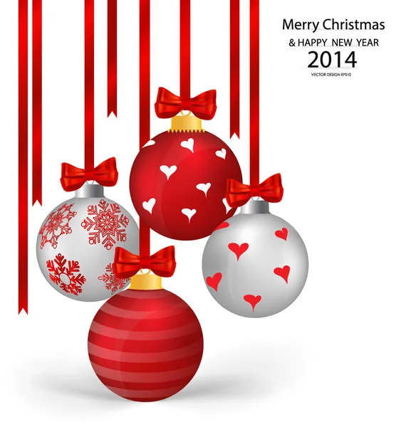 Christmas balls with ribbon and bow, vector illustration. — Stock Vector