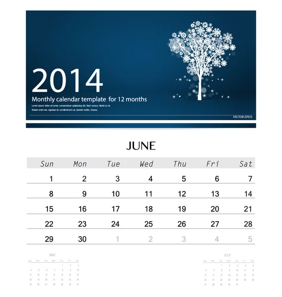 2014 calendar, monthly calendar template for June (Christmas tre — Stock Vector