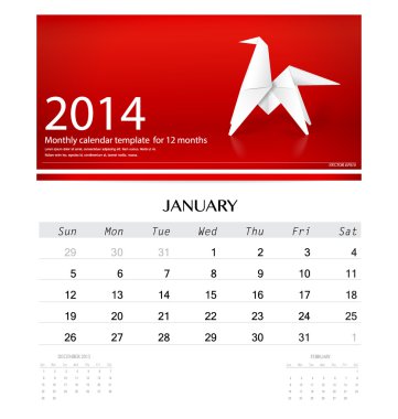 2014 calendar, monthly calendar template for January (Origami pa clipart