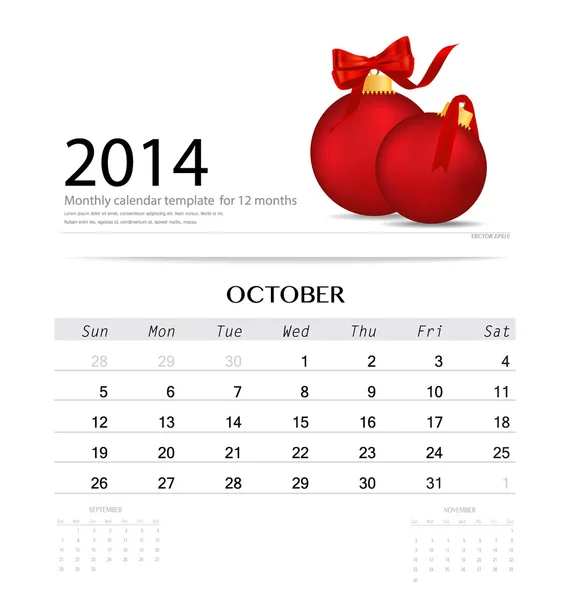 Kalender 2014, Kalendervorlage für Oktober (Weihnachten) — Stockvektor