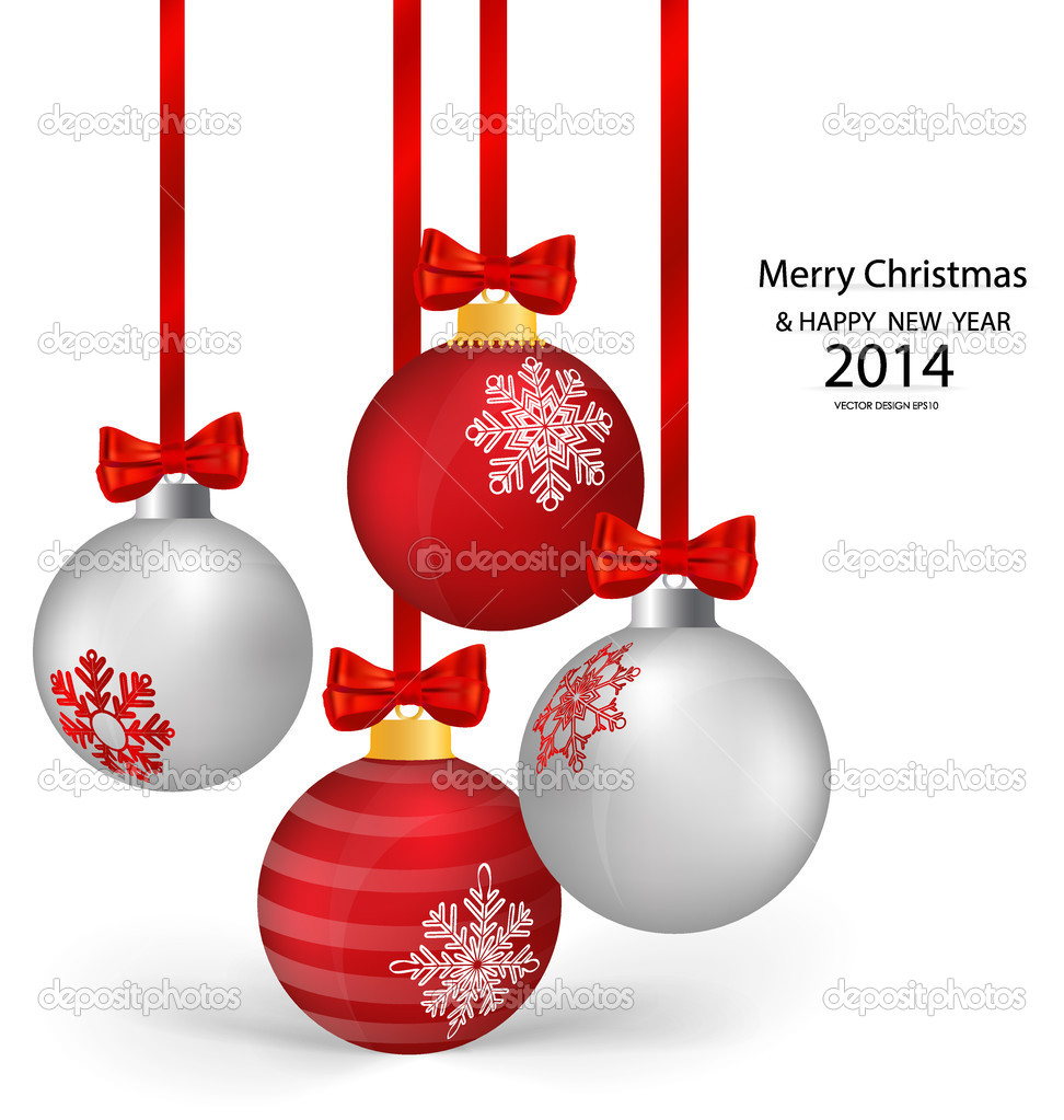 Christmas balls with ribbon and bow, vector illustration.