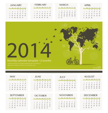 2014 takvimi, dünya harita tasarım ağacı şeklinde. vektör çizim
