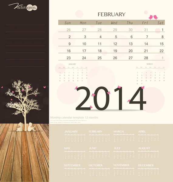 2014 kalender, maandelijks kalendersjabloon voor februari. vector il — Stockvector