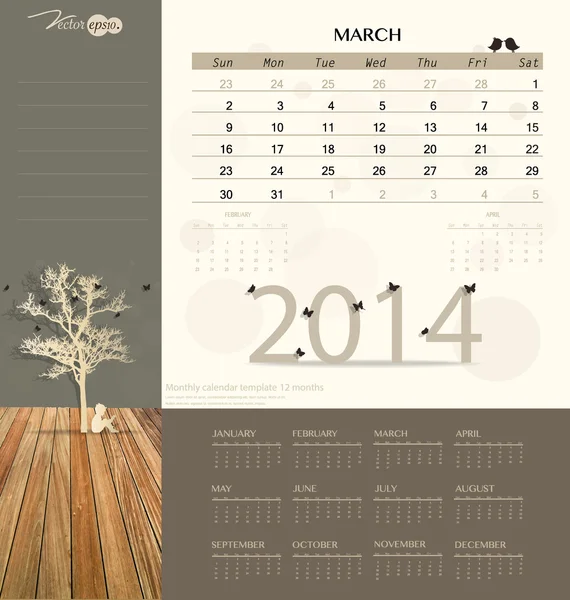 2014 calendar, monthly calendar template for March. Vector illus — Stock Vector
