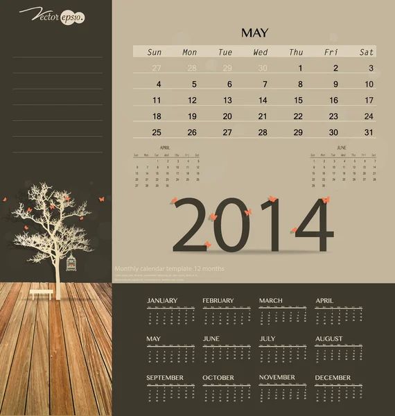 Calendario 2014, plantilla de calendario mensual para mayo. Vector illustr — Archivo Imágenes Vectoriales