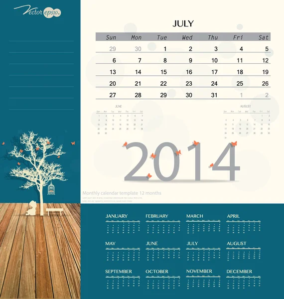 Calendrier 2014, modèle de calendrier mensuel pour juillet. Poussière vectorielle — Image vectorielle