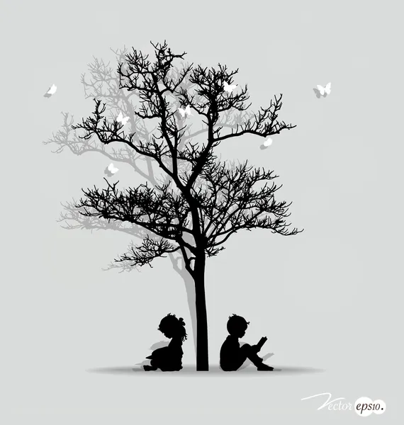 Fondo vectorial con niños bajo el árbol. Ilustración vectorial . — Vector de stock