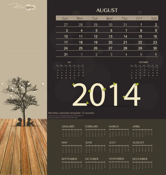 Calendrier 2014, modèle de calendrier mensuel pour août. Vecteur illu — Image vectorielle