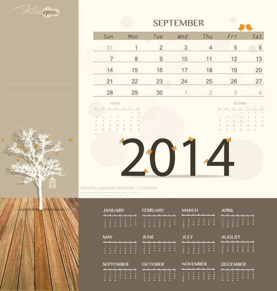 Kalendarz 2014, co miesiąc kalendarza szablon do września. wektor i — Wektor stockowy