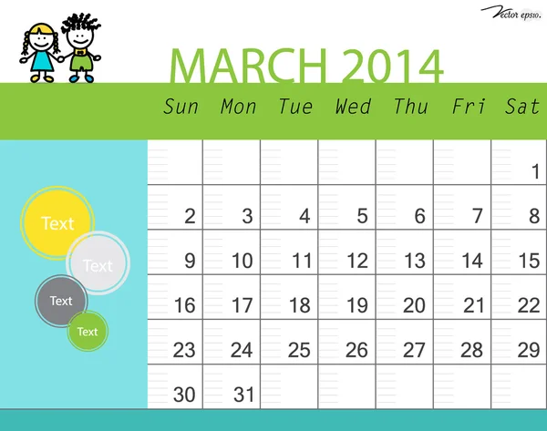 Prosty kalendarz 2014, marca. Ilustracja wektorowa. — Wektor stockowy